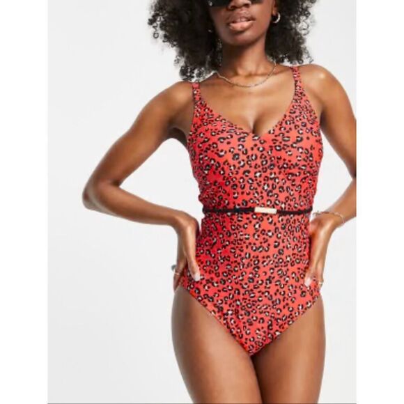 NWOT Figleaves one piece swimsuit 38DD red cheetah print belted - Picture 1 of 9